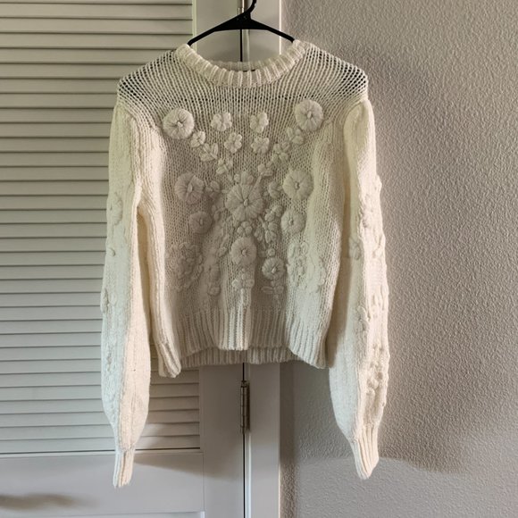 BLOGGER FAV ZARA Women Floral Embroidered Knit Sweater 1957/002, White, Size M - Picture 1 of 6